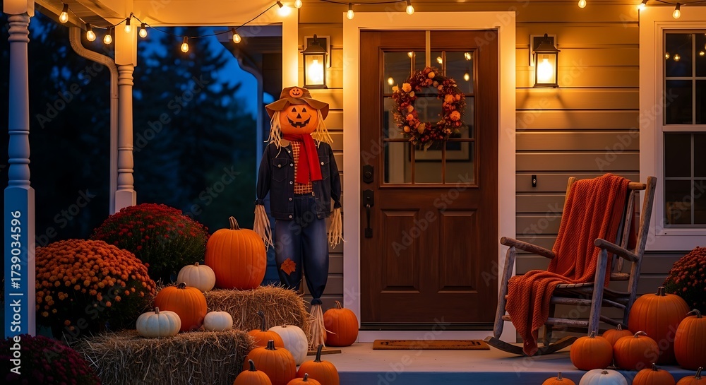 Obraz premium Cozy autumn porch welcomes trick-or-treaters with glowing lights, pumpkins, and scarecrow