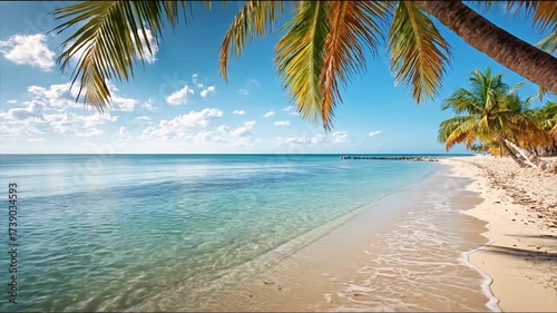 Tropical beach scene with palm trees and clear turquoise ocean water