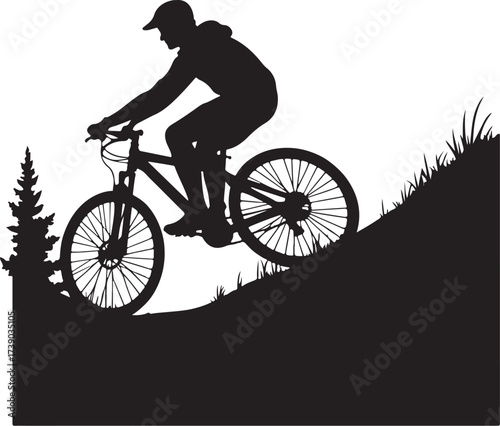 Black silhouette of man riding mountain bike downhill