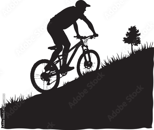 Black silhouette of man riding mountain bike uphill