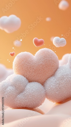 Heart shapes of fuzzy material, pink and white, float in a pastel orange space with cloud-like shapes. AI.