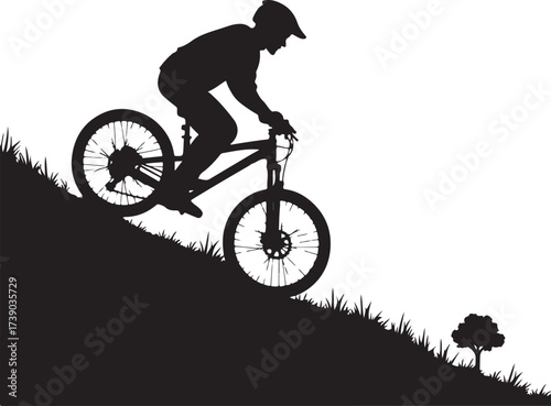 Black silhouette of mountain biker descending grassy hill