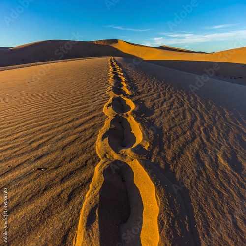 Fototapeta Naklejka Na Ścianę i Meble -  Footprints in golden sand dunes at sunset