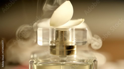 Elegant Perfume Bottle with Delicate Petals and Wisps of Smoke