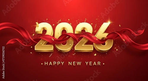 Golden 2026 numbers with red ribbon and confetti on red background new year happy new year 1