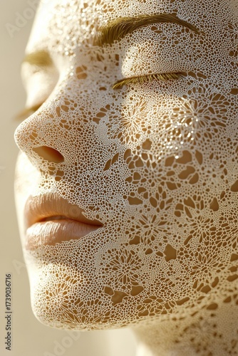 Woman's face is covered in white floral pattern. Eyelids are closed. The patterns have small dots and flower shapes. AI.