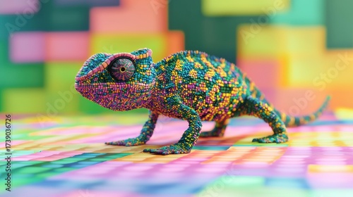 A colorful chameleon crawls across a surface with a bright, blocky background. AI.