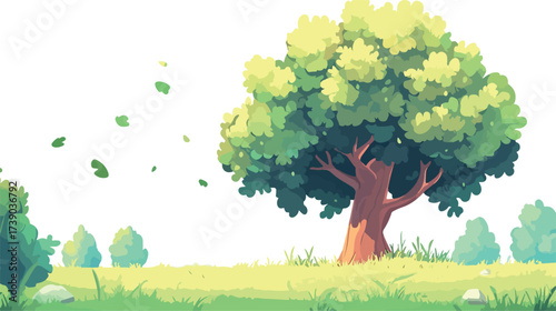 Vibrant green tree stands tall in a sunny meadow with leaves blowing in the breeze