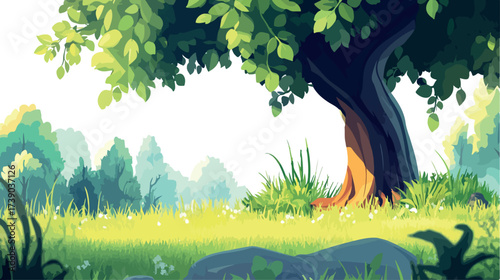 Vibrant green tree with lush foliage casting dappled sunlight on a sunny meadow