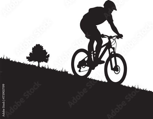 Black silhouette of mountain biker descending grassy hill