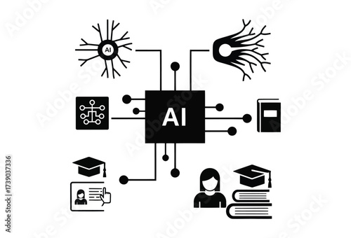 Vector illustration of artificial intelligence and education concept with neural network and books