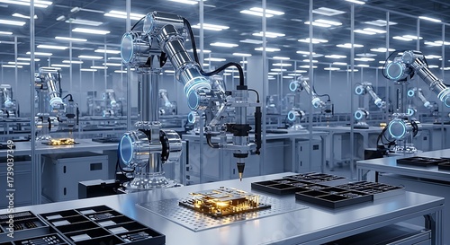 Robotic arms assembling electronic circuit board in a clean factory assembly line electronics