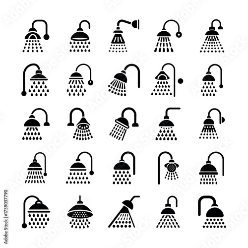 Shower Icons Collection – High-Quality Bathroom Fixture Clipart for Design & Branding
