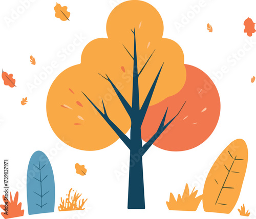 Stylized autumn tree with falling leaves and decorative elements on white background