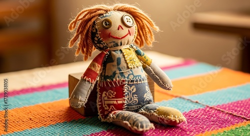 Handmade fabric doll with button eyes and yarn hair on colorful striped blanket textile stuffed
