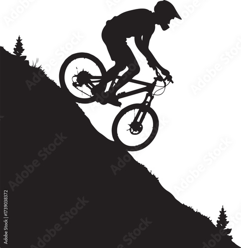 Black silhouette of mountain biker on steep slope downhill