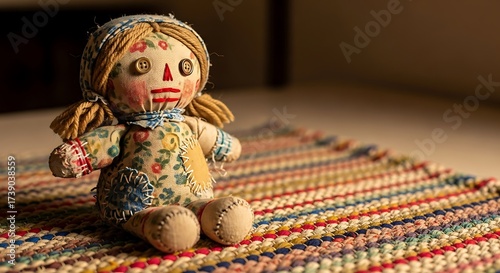 Handmade Rag Doll with Button Eyes Sits on Colorful Woven Mat fabric doll stuffed toy