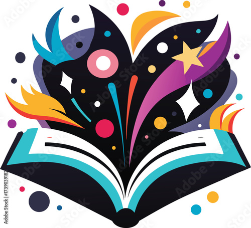 Open Book with Colorful Magical Elements – Whimsical Feathers, Stars, and Abstract Shapes Emerging from Pages"