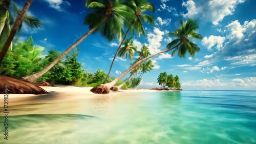 Tropical beach scene with palm trees and crystal clear water