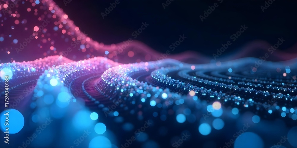 Fototapeta premium Abstract blue and pink lights forming a wave pattern, creating a futuristic and technological aesthetic, with a dark background