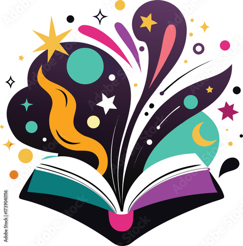 Open Book with Magical Elements – Whimsical Stars, Moons, and Abstract Shapes Emerging from Pages"