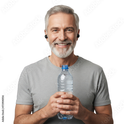 Smiling senior man with grey beard, wearing earbuds, holding a clear water bottle