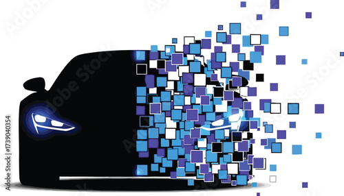 Silhouette of a modern car dissolving into blue squares isolated on white background car of the future