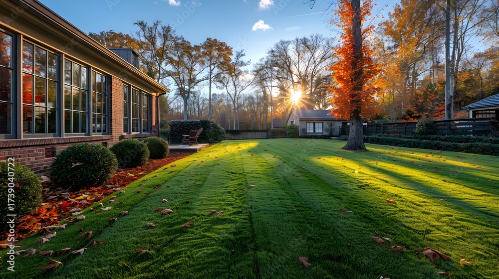 Fototapeta premium Autumn Sunlight Illuminating Green Backyard Lawn