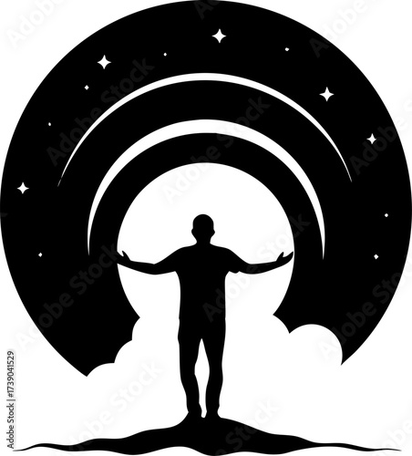 Silhouette of a person standing under a cosmic arch isolated on white background