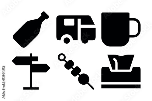 Miscellaneous Icon Vector Illustration – Bottle, Camper Van, Mug, Signpost, Skewer, and Tissue Box Symbols