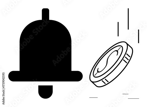 Black bell and coin in motion, symbolizing alert and money. Ideal for finance, alert systems, payment notifications, saving, budgeting, business updates investment tips. Simple flat metaphor