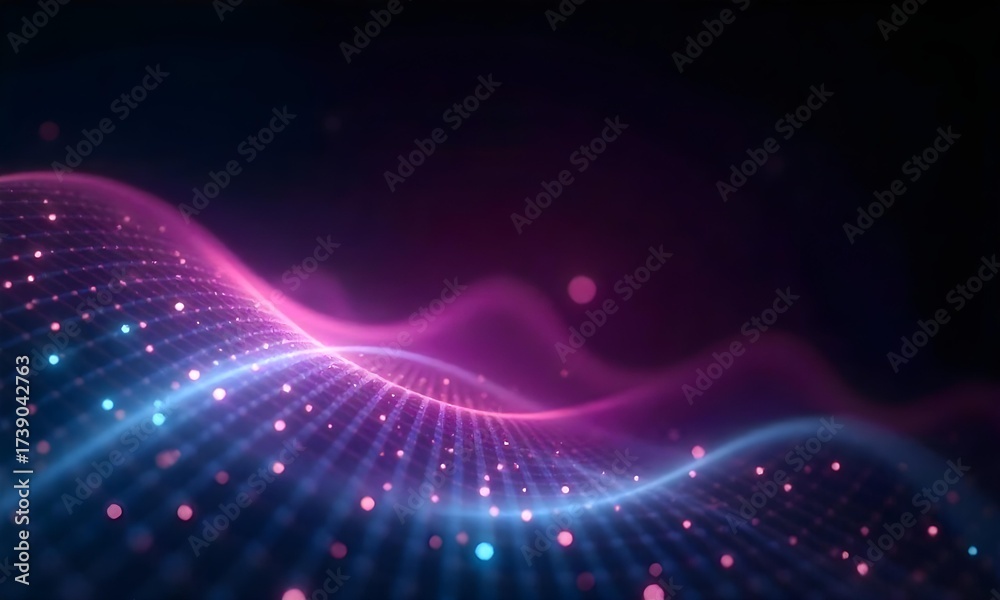 Fototapeta premium Abstract purple and blue glowing wave with a grid pattern, light background with light spots, futuristic and technological feel
