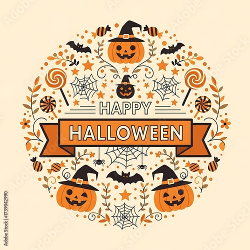 Happy Halloween Greeting Card with Pumpkins, Bats, Spiders, Webs and Candy a Festive Halloween Illustration Design