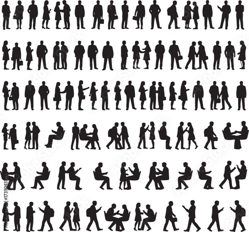 Black silhouettes of people in various poses and interactions