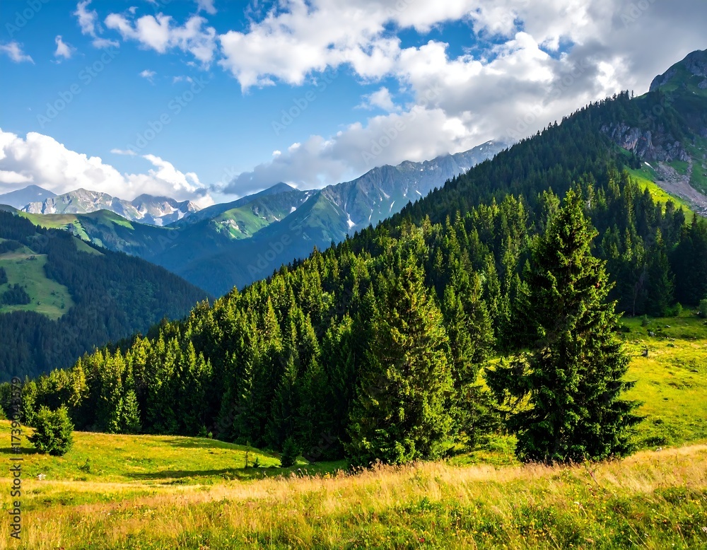 Fototapeta premium Lush alpine meadow with towering pines