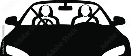 Car with driver and passenger silhouette isolated on white background, representing travel and transportation