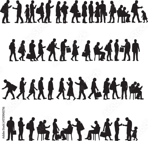 Black silhouettes of people walking and sitting with bags and phones