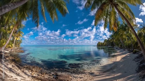Tropical beach scene with palm trees ocean and sunny blue sky view