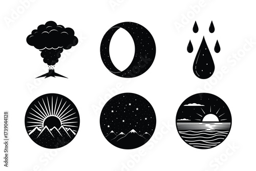 Minimalist Nature Icons | Volcano, Moon, Water, Mountains, Sun & Ocean Symbols