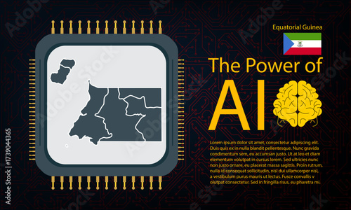 equatorial Guinea map with microchip war and AI concept on circuit board, Power of AI with country map. Global connectivity with big data.