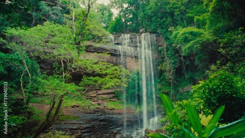 A wide establishment scenery shot at daylight of a big rocky waterfall with running water surrounded by green trees and moss in a forest or jungle.
