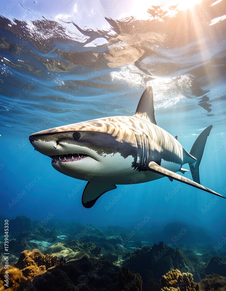 Naklejka premium Underwater shot of a great white shark swimming near the surface
