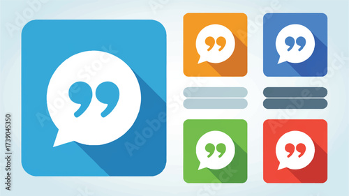 A flat design illustration of a speech bubble icon with a long shadow effect, shown in six different color variations arranged in a grid layout.  