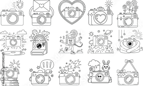 Collection of Hand Drawn Doodle Cameras and Photography Related Elements Keywords: camera, photography, doodle, drawing, illustration, vintage camera, retro camera, film camera, digital camera