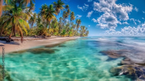 Tropical beach scene with turquoise water palm trees and white sand under blue sky