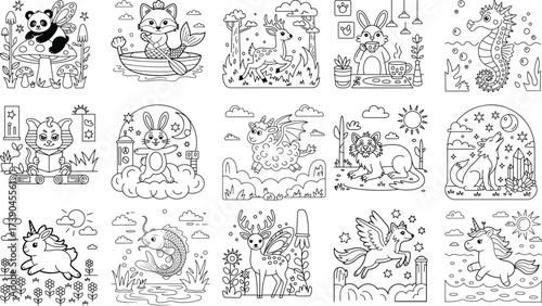 Enchanting Fantasy Creatures and Animals in Whimsical Scenes for Coloring and Design Keywords: fantasy, creature, animal, illustration, drawing, outline, black and white, coloring, kids, children