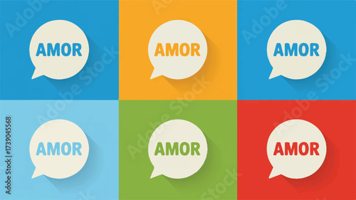 A flat design illustration of a speech bubble icon with a long shadow effect, shown in six different color variations arranged in a grid layout. 