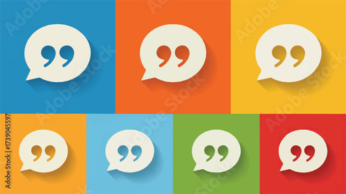 A flat design illustration of a speech bubble icon with a long shadow effect, shown in six different color variations arranged in a grid layout. 