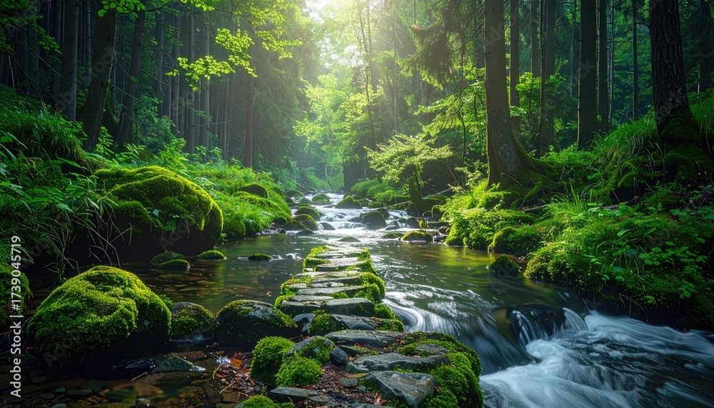 Obraz premium Forest stream with mossy rocks