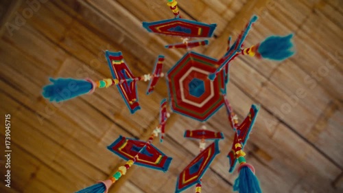 A shot of a hanging indoor ceiling decoration at daylight.